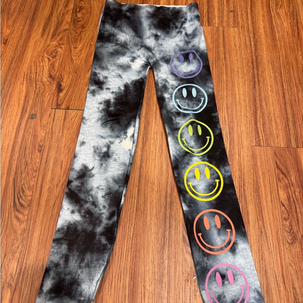 Kids Black & Gray Tie-Dye Leggings with Rainbow Smile Faces